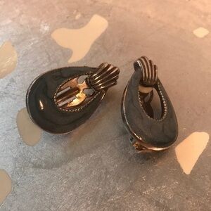 #Earrings clip on vintage blue enamel overlay silver metal